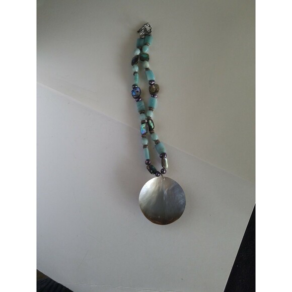 HAND MADE ABALONE PEARLS LIGHT BLUE STONE SILVER TONE NECKLACE 15" gorgeous - Picture 10 of 11